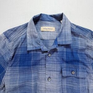 Tommy Bahama Mens LG Blue Plaid Short Sleeve Button Up Shirt Silk Cotton Blend